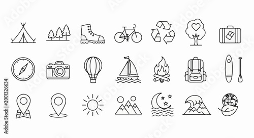 A collection of simple line icons representing outdoor activities and nature elements