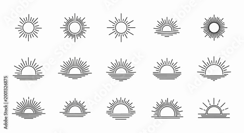 A collection of stylized line art sun icons with radiating rays