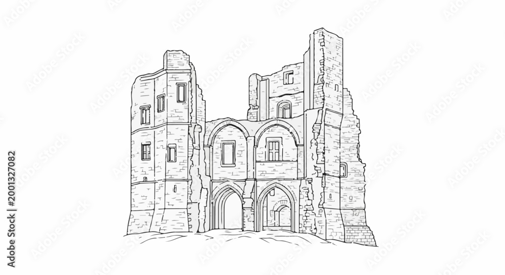 Naklejka premium A detailed line drawing depicts ancient stone ruins with crumbling walls and arched doorways