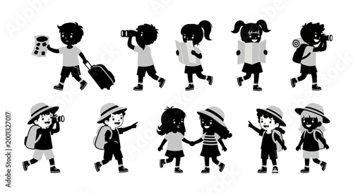 Set of Cute Children Tourists Silhouettes Traveling and Exploring