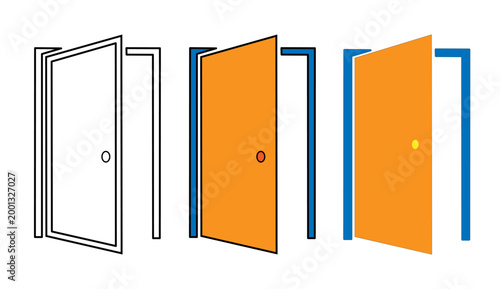 open door icon set with outline and flat color styles