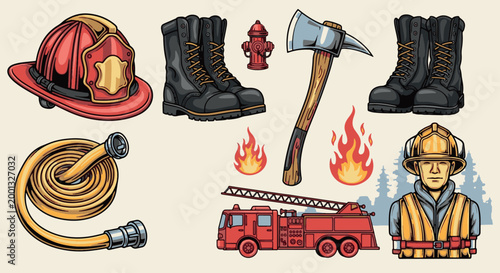 Detailed collection of firefighting icons featuring a truck, helmet, axe, and first responder gear in a classic illustrative style.