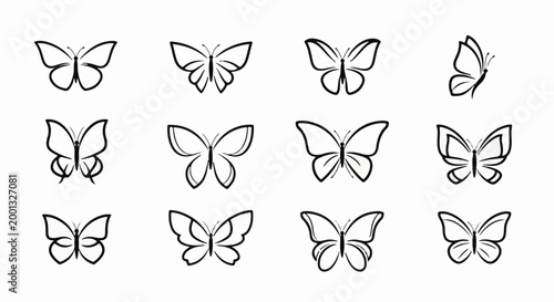 A collection of twelve different butterfly outline icons arranged in a grid