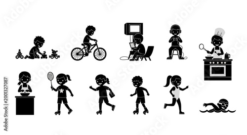 Set of Children Activities Silhouettes Icons