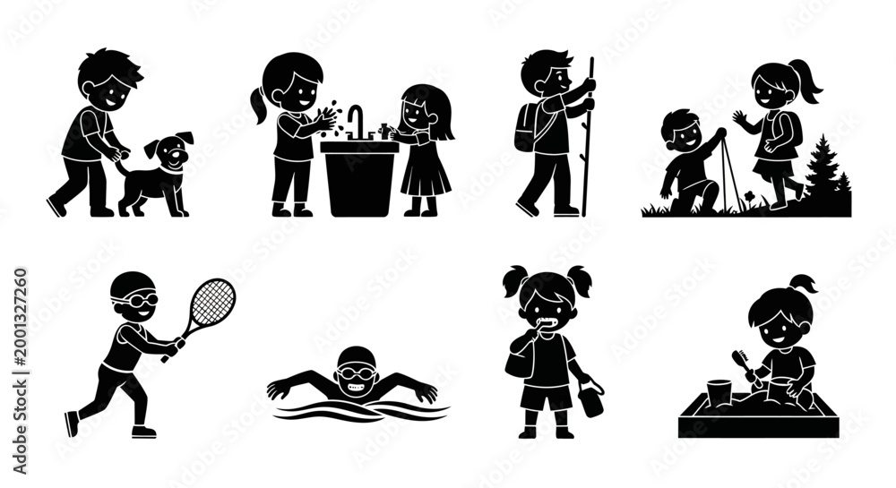 Obraz premium Set of Children Activities Silhouette Icons