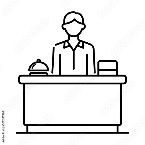 Vector of a hotel receptionist standing behind a front desk ready to assist guests