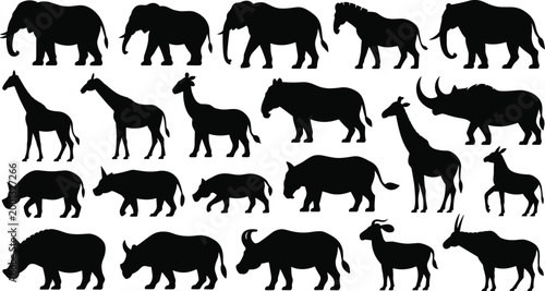 Safari animal silhouettes collection isolated on white background, including elephant giraffe rhino zebra antelope and wildlife vector illustration set