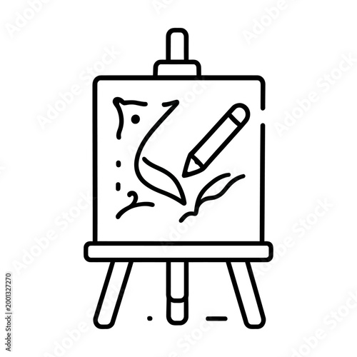 Simple illustration of an easel with a drawing and pencil vector in the middle of the canvas