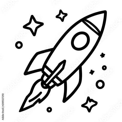 Vector of a sleek rocket flying through space surrounded by twinkling stars