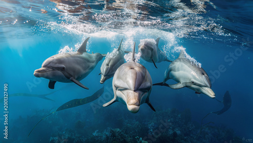 Dolphin Pod Swimming Toward Camera with Energetic Motion Underwater