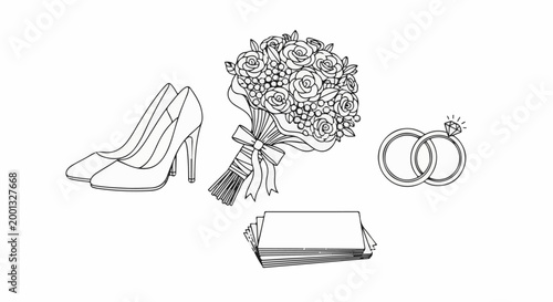 A collection of wedding elements, including shoes, flowers, rings, and cards