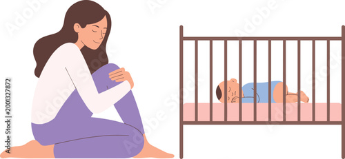 Young mother sitting on floor looking sad near baby in crib representing postpartum depression and maternal mental health