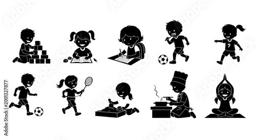 Set of Children Silhouettes Engaged in Various Activities and Hobbies
