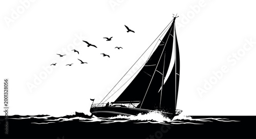 Dynamic black and white silhouette of a sailing yacht gliding through ocean waves accompanied by a flock of seagulls.