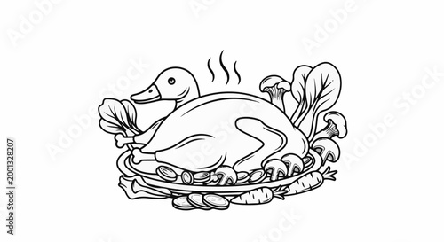 A cooked duck with vegetables and mushrooms on a plate