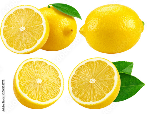 Fresh set of ripe yellow lemons and juicy citrus fruit slices with green leaves isolated on a white background for a healthy organic food diet
