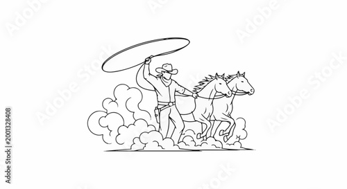 A cowboy with a lasso on horseback in dust clouds