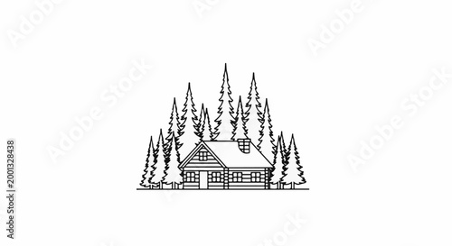 A cozy log cabin nestled among tall pine trees