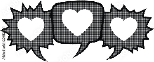 Three halftone heart pop art speech bubbles for expressing love and emotion in retro comic style.