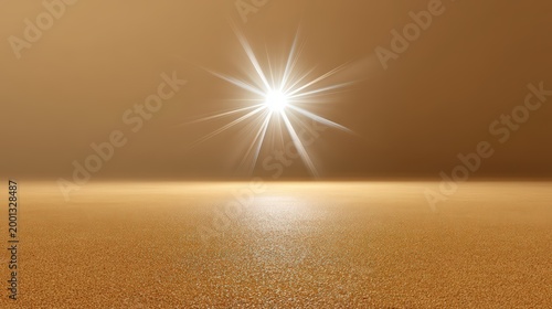 Bright radiant sun starburst shining over vast golden desert landscape with horizontal horizon
