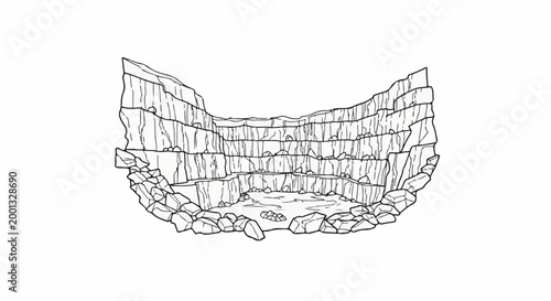 A cross-section view of a large quarry with tiered walls and a rocky floor