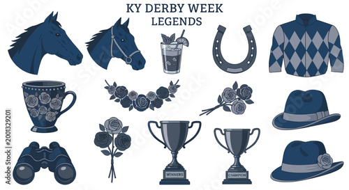 A collection of bluetoned icons illustrating Kentucky Derby symbols including horses roses trophies hats and binoculars