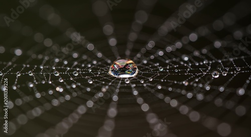 water drops on spider web closeup.