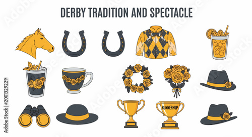 A collection of fifteen icons themed around horse racing including horses horseshoes jockey silks mint juleps trophies roses binoculars and hats