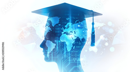 Artificial intelligence in global education: Silhouette of a graduate student with a world map and digital circuit board background. The future of learning: Digital brain and mortarboard. 