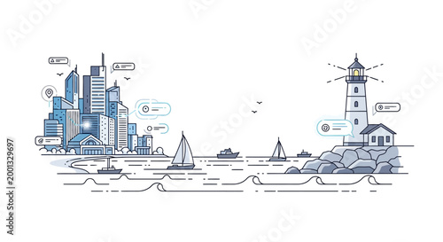 Illustration of a city skyline with a lighthouse and sailboats on the water in a monochromatic blue and white color scheme with a clean and simple style.