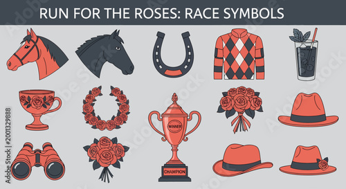 Schilderij op canvas Horse racing icons including horses trophies roses and hats in red and black fla