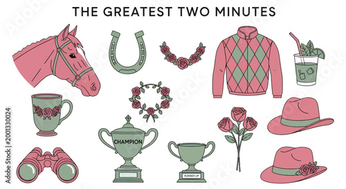 Icons themed around horse racing feature a horse head trophies mint juleps jockey attire roses hats and binoculars