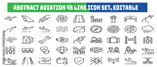 Collection of abstract aviation and airport related line icons representing travel and transportation elements
