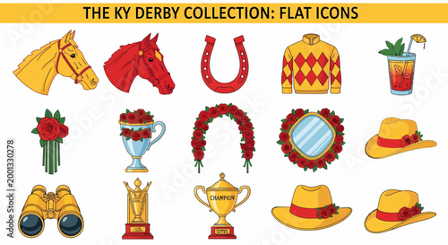 Kentucky Derby icon set featuring horse heads trophies roses racing hats and a mint julep on a white background