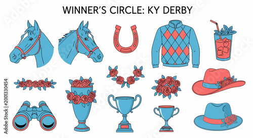 Kentucky Derby vector icon set including horse heads roses trophies hats mint julep and racing equipment