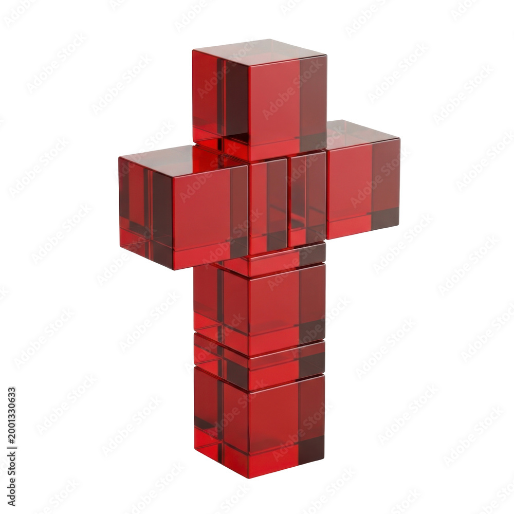 Naklejka premium Modern Red Glass Christian Cross Sculpture Made of Cubes Isolated on White Background