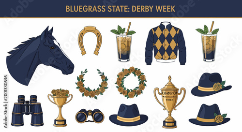Kentucky Derby vector icons featuring horse mint juleps jockey silk trophies rose wreaths hats and binoculars