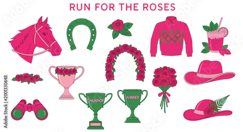 Pink and green horse racing icons featuring horses roses trophies derby hats and a mint julep cocktail