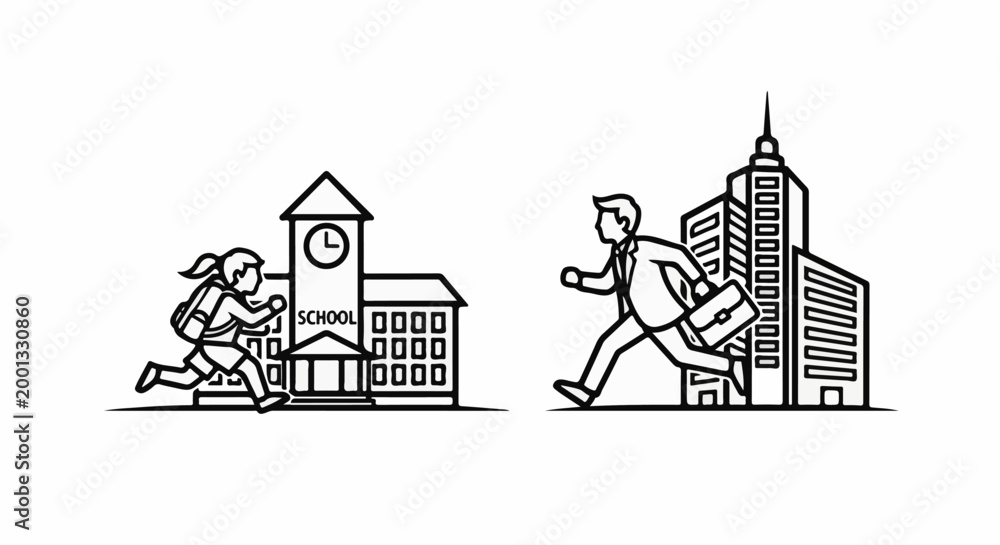 Fototapeta premium A child runs towards a school, while a businessman rushes past city buildings