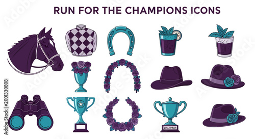 Purple and teal horse racing icons featuring a horse head jockey silks trophies hats binoculars and floral wreaths