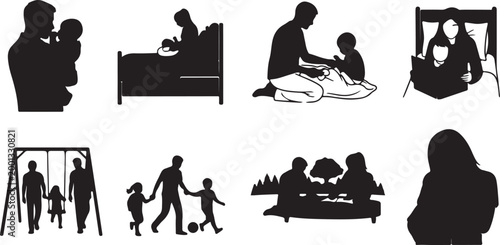 Calm Parents and Mischievous Children Running around Them Vector Set
