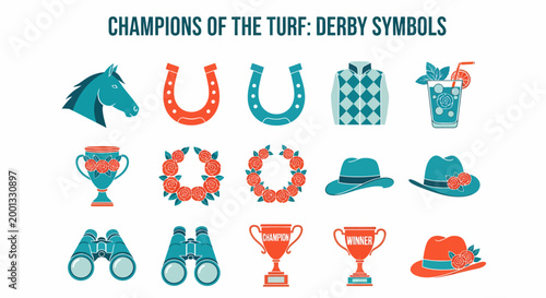Set of 15 horse racing icons featuring a horse head horseshoes trophies hats binoculars and a mint julep