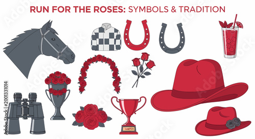 Tableau sur toile Set of horse racing icons including a horse head jockey silks roses trophies red