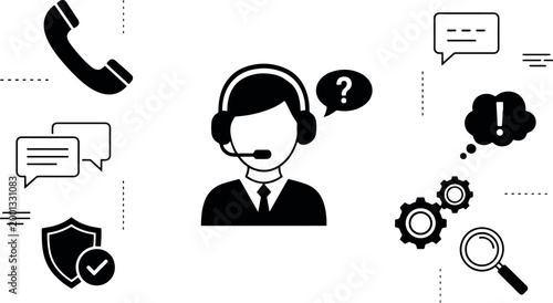 Professional black and white illustration depicting customer support services with icons for communication, troubleshooting, and security.