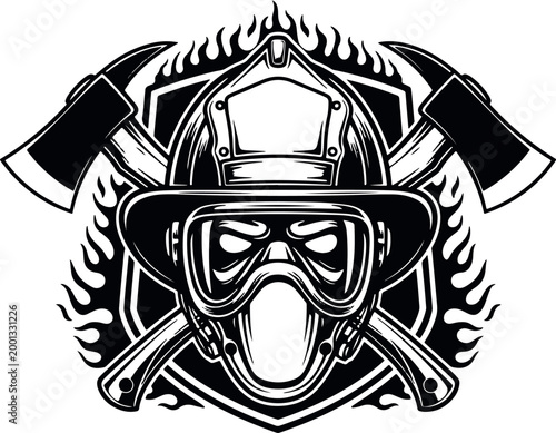 Powerful black and white vector emblem featuring a firefighter in full gear with crossed axes and flames on a shield.
