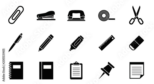 Black icons representing fifteen common office and school supplies on white