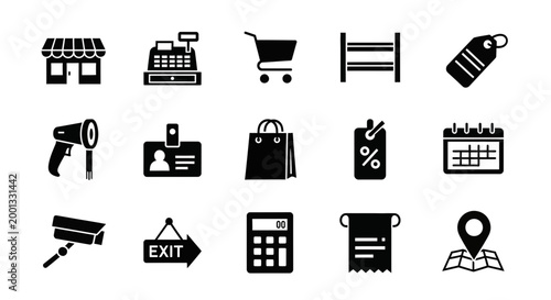 Black silhouette icons related to retail commerce and security arranged in three rows