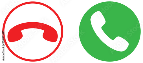 Phone call icons set, accept and decline actions, green and red telephone symbols, incoming outgoing call interface vector illustration