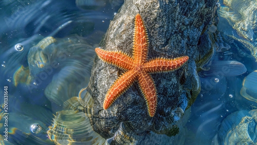 Sea Star Clinging to Rock with Flowing Water Currents Underwater