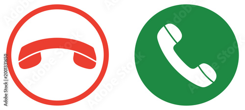 Phone call icons set, accept and decline call buttons, green answer and red reject telephone symbols, incoming and outgoing call interface vector illustration